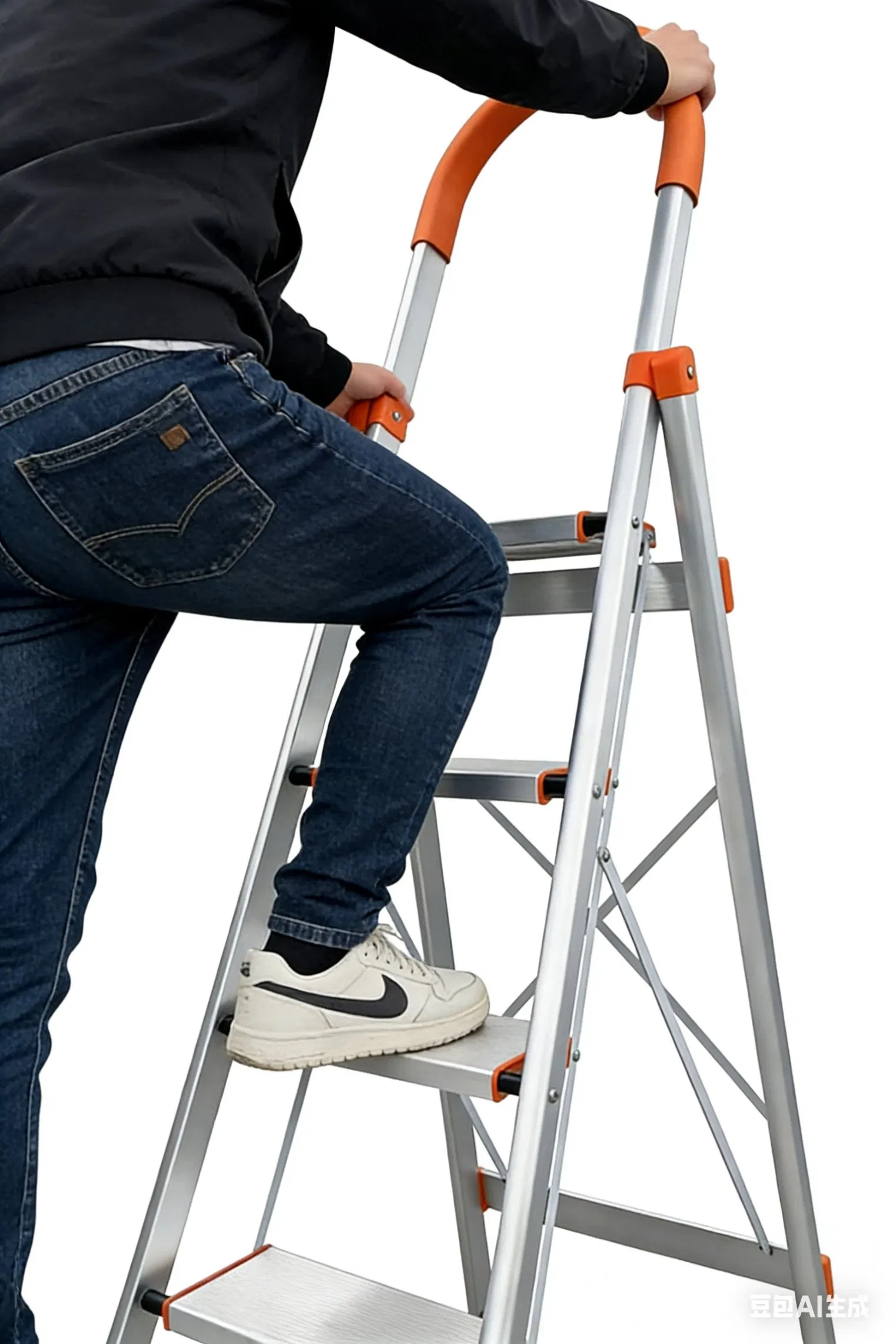 D-Shaped Armrest Ladder Household Aluminum Folding Ladder (with anti-slip foot pads, black pedals, and handrails)
