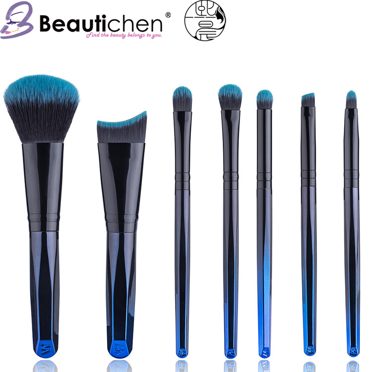Beautichen 7PCS Electroplated Black Blue Gradient Makeup Brush Set - Portable Ergonomic Handle Foundation Powder Brushes