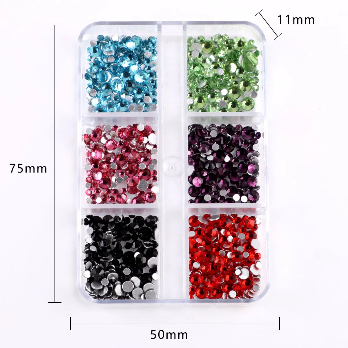 Wholesale 6grids Glass Flat Bottom Mixed Size Round Crystal Nail Rhinestone