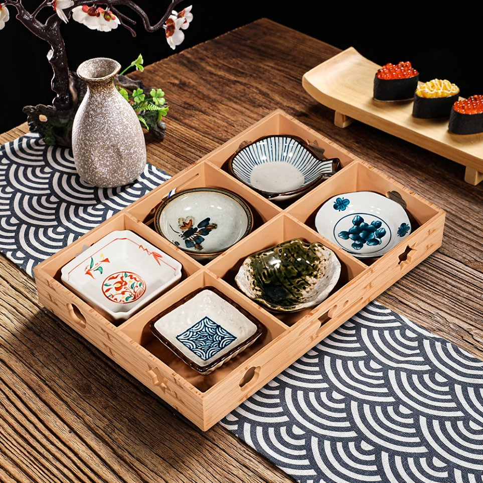 9 Grids Box Japanese Omakase Chinese Hot Pot Sauce Dishes Dessert Plate Platter Wood Grin ABS Resin