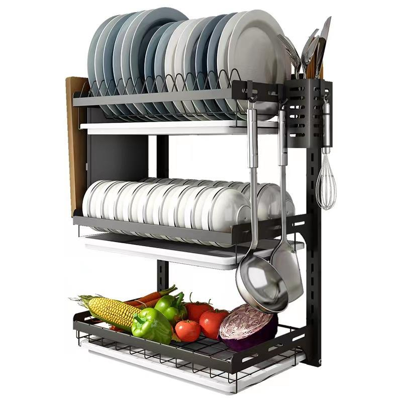 Bowl Wall Mounted Over Sink Dish Rack Dish Kitchenware Accessories Stainless Steel Metal Wire Large Capacity Racks Hanging Sink 2 Tier with Tray Dish Rack
