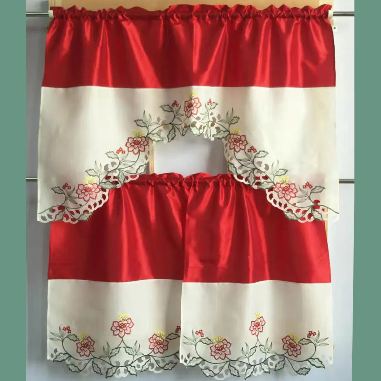 Red-Green Flower Patchwork Embroidered Kitchen Curtain