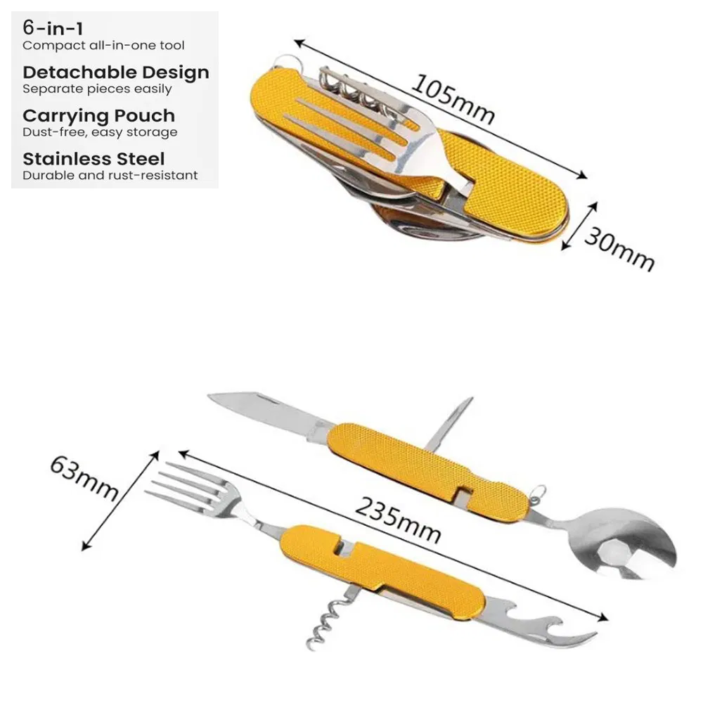 Portable 6-in-1 Detachable Folding Outdoor Camping Tableware Set Tactical Stainless Steel Travel Spoon