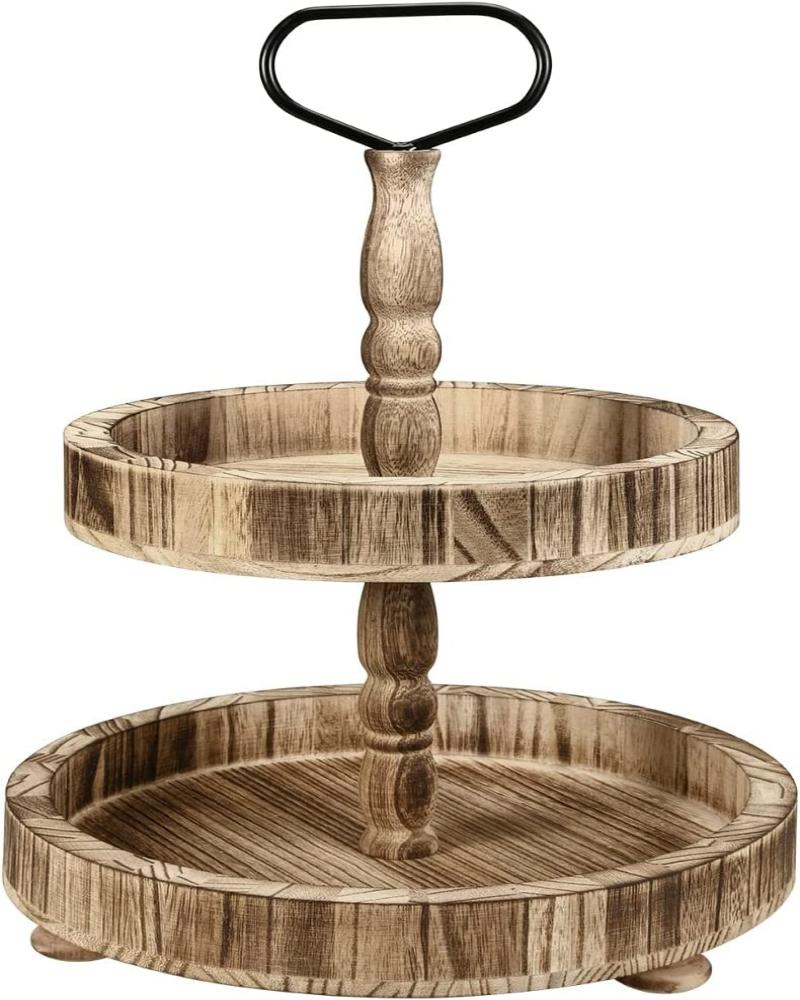 Farmhouse Vintage Distressed Wood Metal Handle 2 Tier Wooden Tray Cake Stand, Rustic Round 2 Tier Wooden Storage Serving Tray