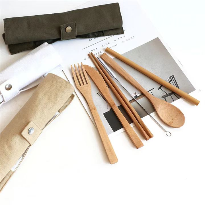 Wholesale Custom Travel Portable Reusable Organic Bamboo Spoon Fork Chopsticks Flatware Utensil Cutlery Set in Pouch