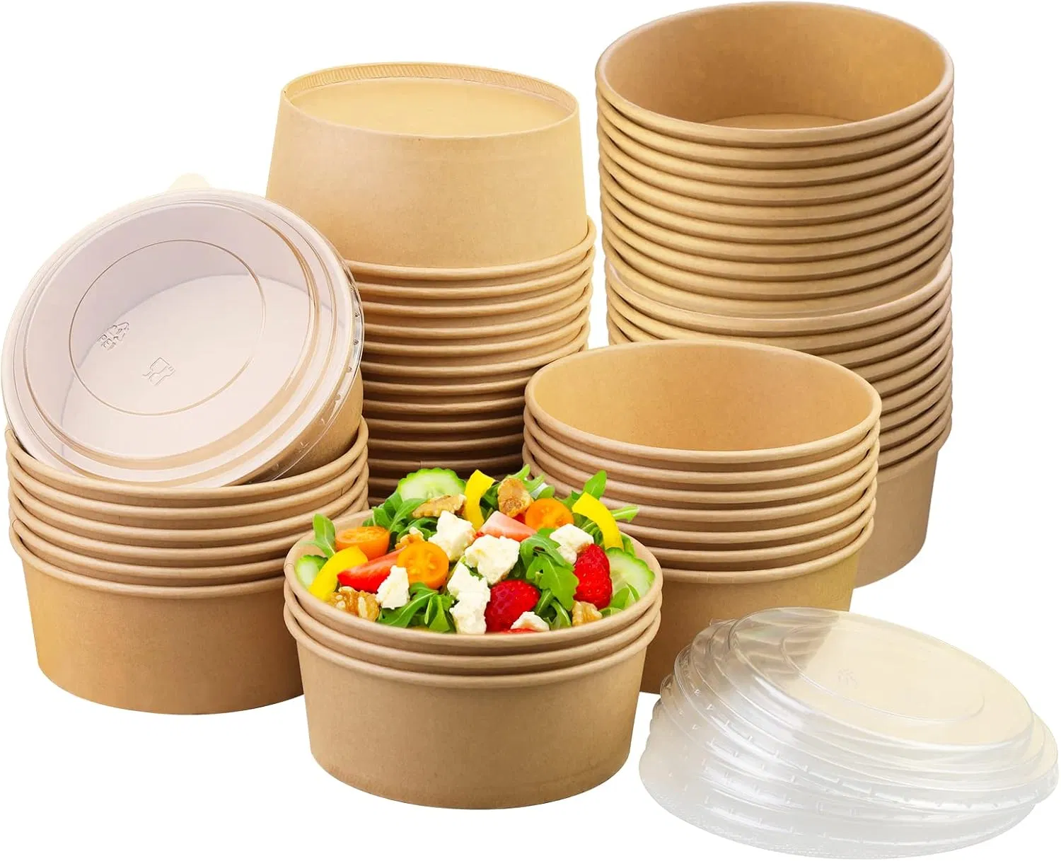 Disposable Round Soup Bowl Kraft Paper Salad Bowl with Lids