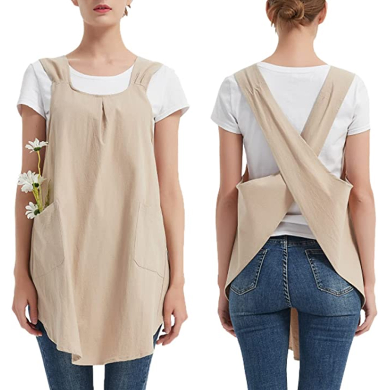 Waterproof Linen Apron for Women Pockets Cross Back Cute Apron Dress