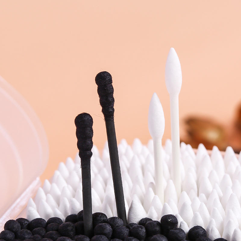 Disposable Cleaning Cotton Swabs in Black and White, Packed in a Box.