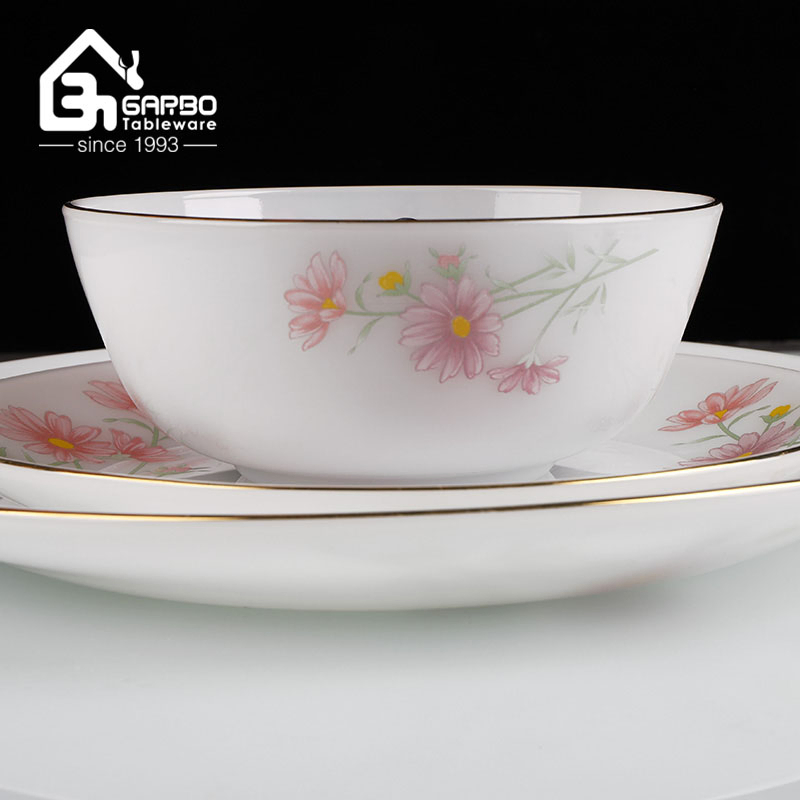 Stock Round Shaped White Jade Opal Glass Bowl Set 470ml Salad Bowl 5.5 Inch Mixing Bowls Opal Ware Noodle Bowl Decorative Printing Precook Bowls Set