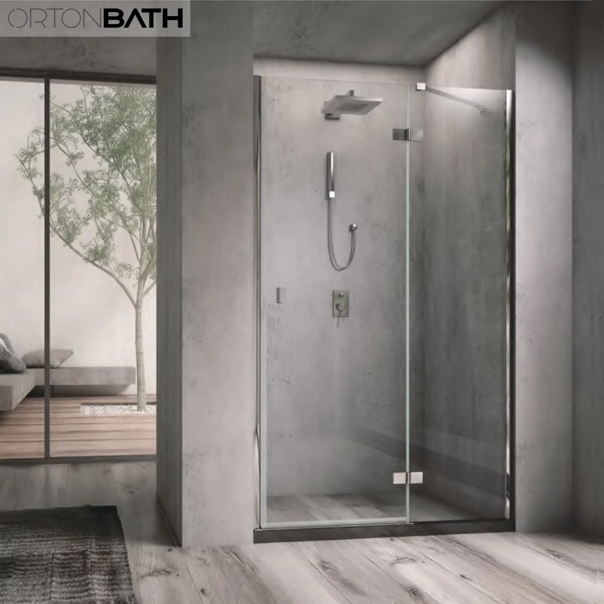Ortonbath CE Certified Clear Transparent Framed Pivot Silver Thick Customizable Tempered Glass Bathroom Shower Enclosure with Support Frame and Aluminum Profile