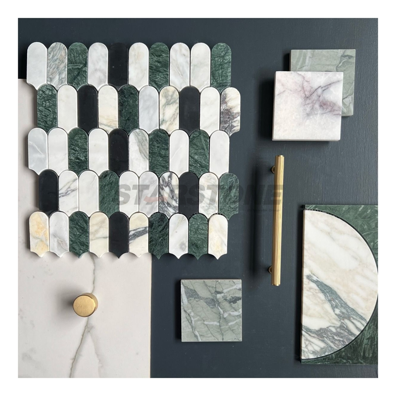 Мозаика из мрамора Calacatta Viola, стреловидная, зелено-белая