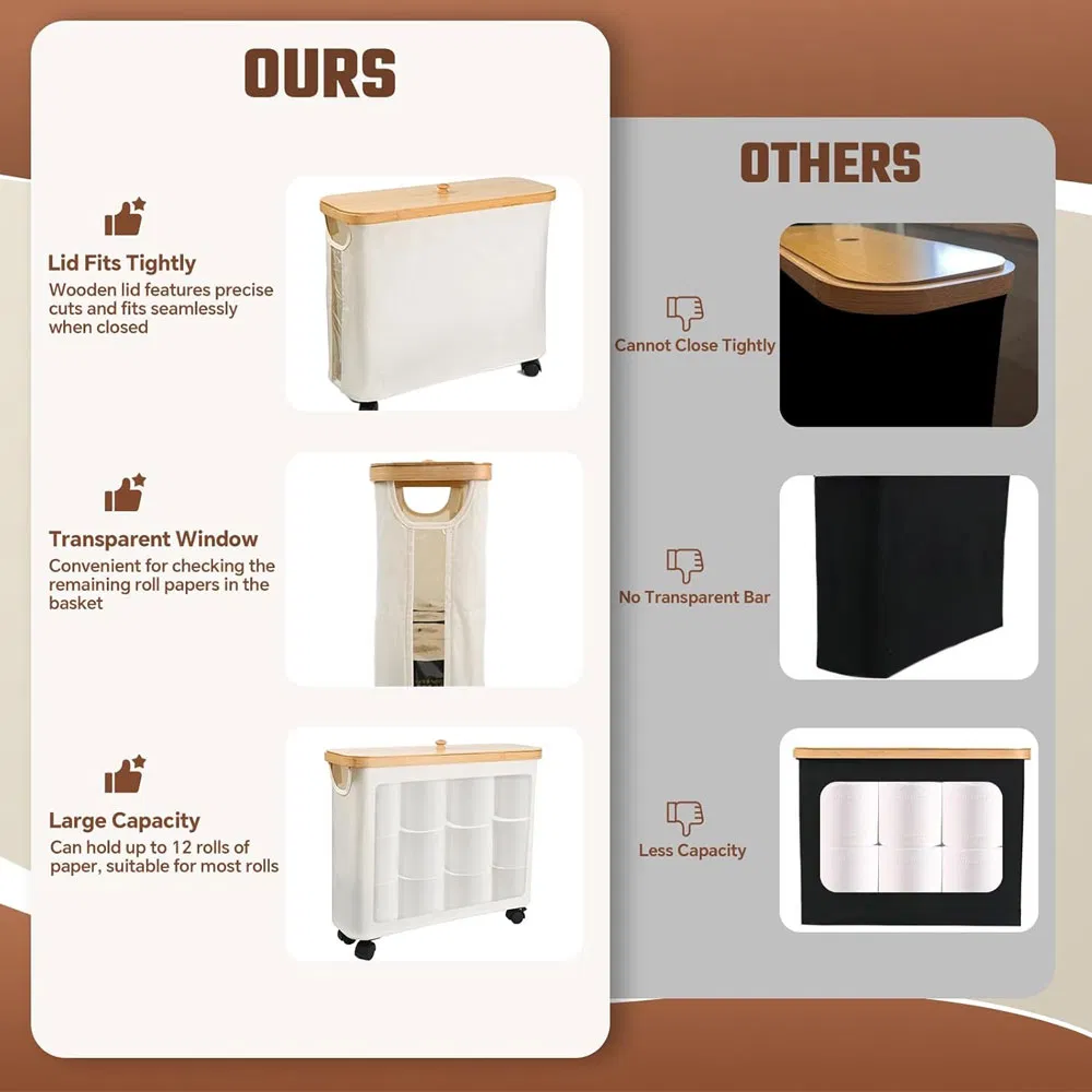Mobile Bamboo Toilet Paper Holder with Lid and Wheels for Bathroom