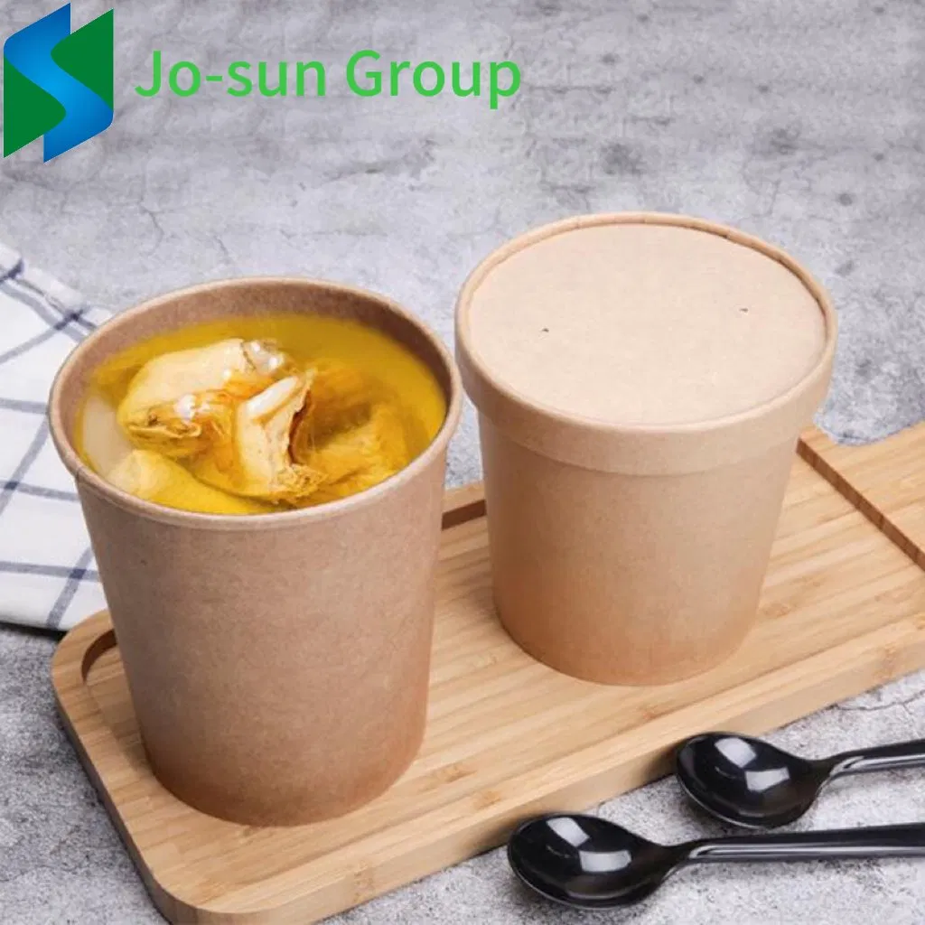 Jo-Sun New Design Factory Outlet Biodegradable Disposable Kraft Paper Brown Hot Soup Bucket with Lid