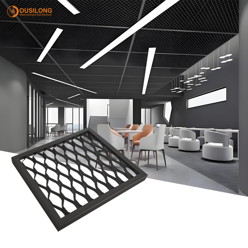 Co-Working Space Aluminum Mesh Ceiling Tiles Black Matte Decorative Open Weave Mesh Ceiling Panels
