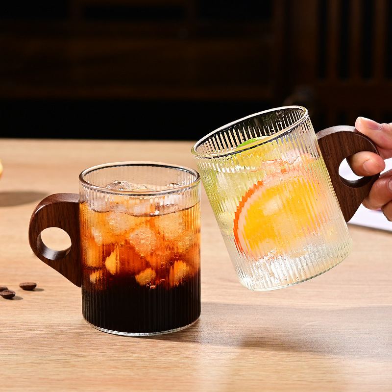 Vertical Striped Handle Glass Cup, Heat-Resistant & Explosion-Proof + Solid Wood Handle, for Iced Americano/Soda Water Glass Cup