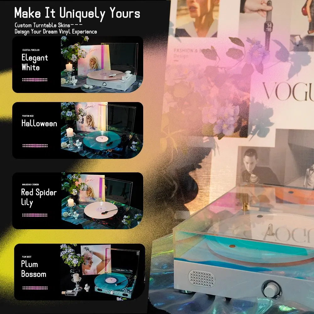 Custom Laser Engraving Logo Acrylic Colorful Turntable Vinyl Record Player with Built in Bluetooth 5.0+ Music Speaker