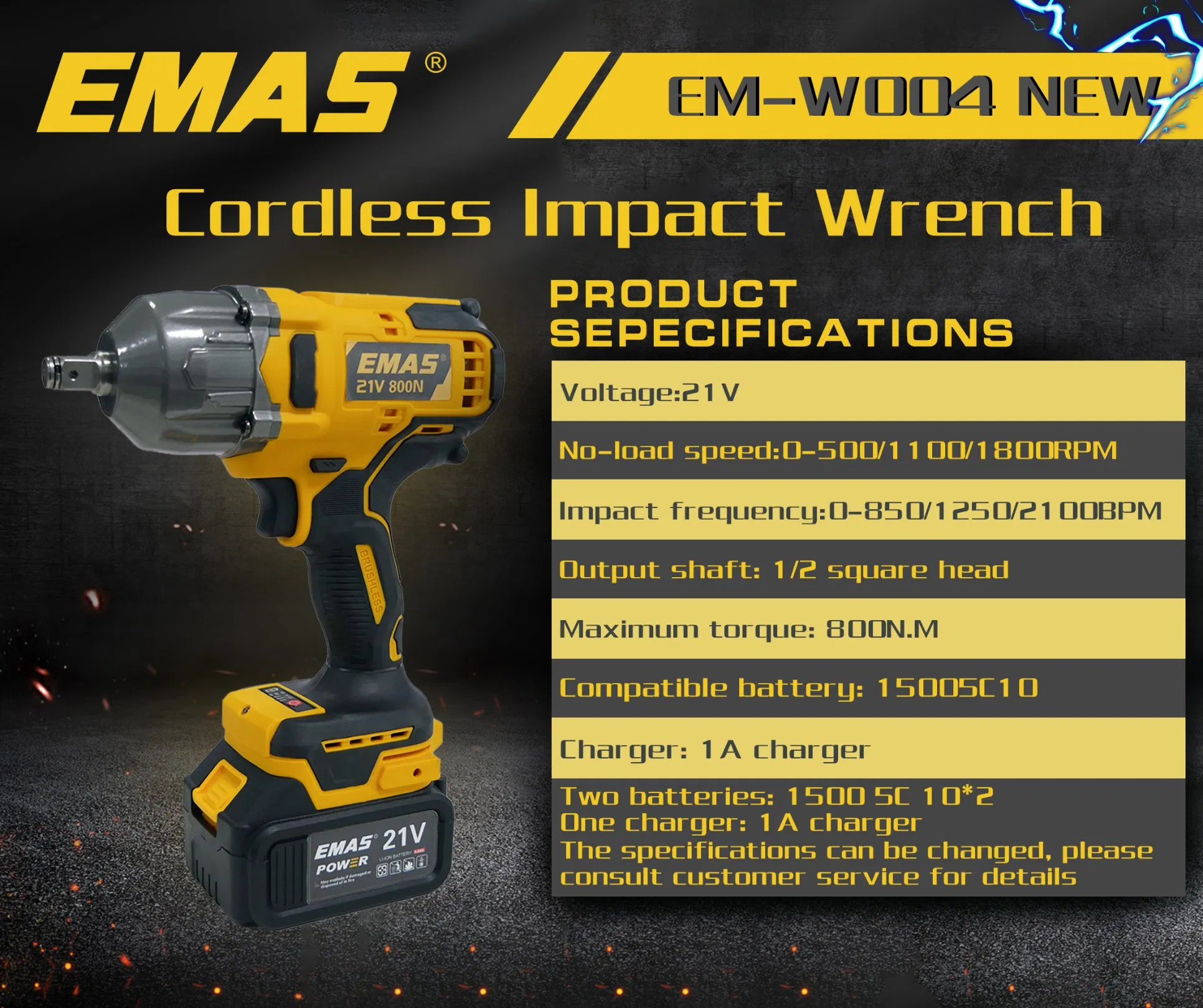 Emas Cordless Battery Impact Wrench 800n. M Torque Wrench with 21V 4ah Lithium Battery for Car Repair Home Use