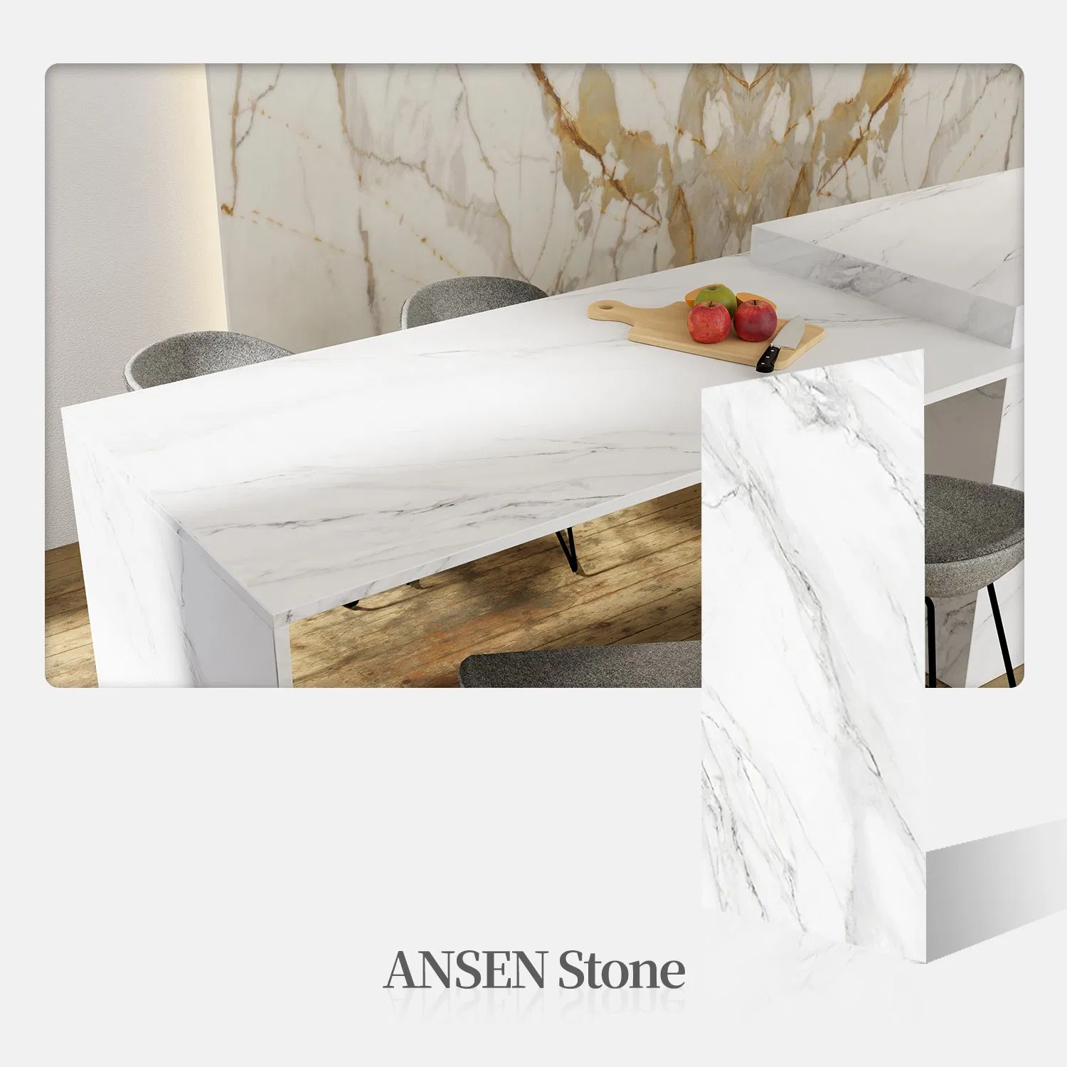 Precut Silky Finish Calacatta White Large Size Sintered Stone Countertop Island Kitchen Bench Design