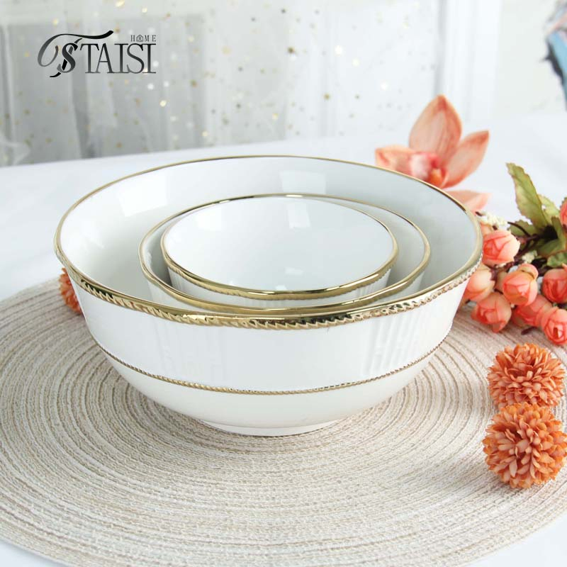 Ry010-Bowlr Porcelain 8 Inch Round Mixing Bowls Gold-Rimmed Ceramic Kitchen Dinnerware Small Dessert Noodle Bowl Set for Dinner