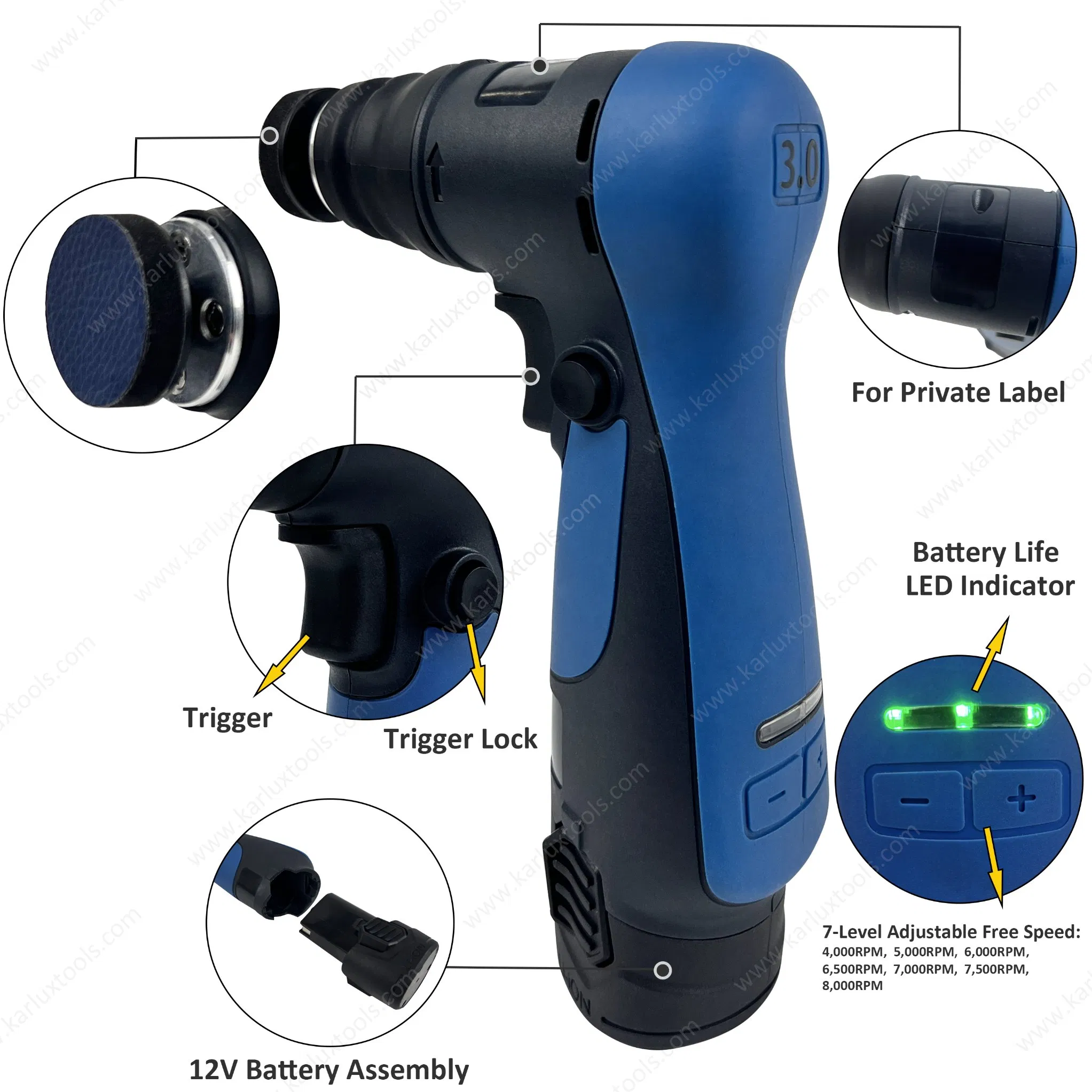 32mm 12 Volt Lithium-Ion Variable Speed Portable Mini Spot Repair Sander Cordless Pistol Sander for Car Detailing