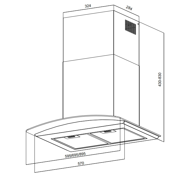 High Suction Modern Kitchen Wall-Mounted Black Curved Glass Range Hood