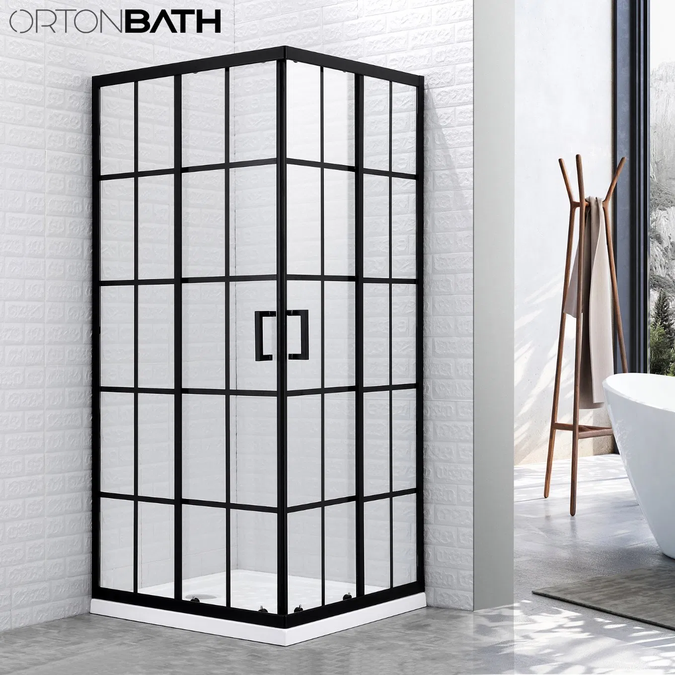 Ortonbath North Europe Style Aluminum Rectangular Framed Corner Shower Door Sliding Tempered Glass Corner Entry Shower Room Shower Enclosure