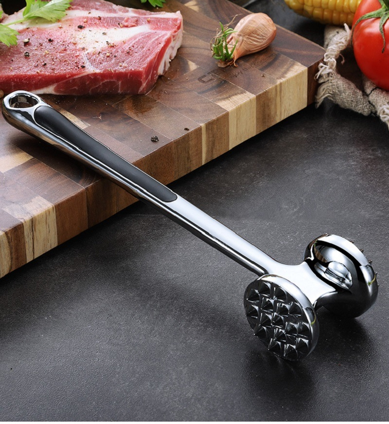 Shiny-Metal Meat Pounder Crushing Flattening Tool Kitchen Hammer Dual Sided Handle Bl16353