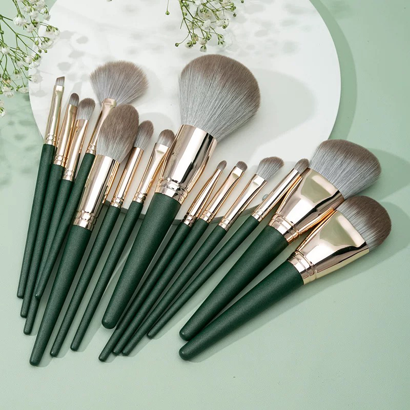 Makeup Brush Set 14PCS Premium Cosmetic Brush Foundation Blush Concealer Eyeshadow Eyebrow Highlight Green Make up Brush
