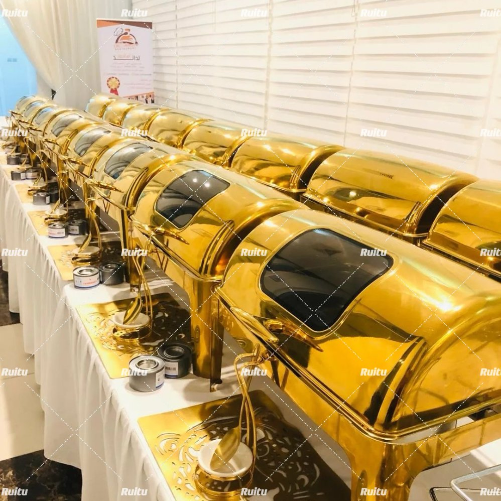 Buffet Catering Equipment Economy Roll Top Chaffin Dishes with Glass Window 9L Stainless Steel Chafing Dish Party Wedding Food Warmer Golden Chaffing Dishes
