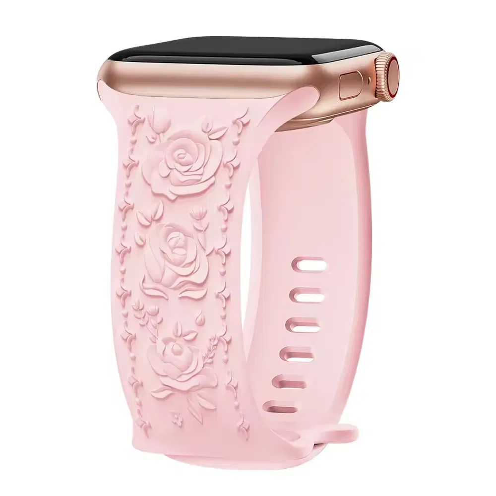 for Apple Watch Full Series Customized Pattern Classic Relief Rose Flower Silicone Embossed Engrave Carved Watch Strap