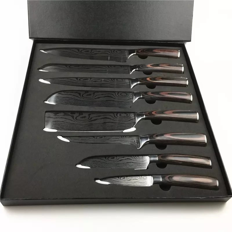8 Pieces Professional Kitchen Slicing Tool 8 Inch Japanese Damascus Steel Laser Pattern Kitchen Chef Knife Set