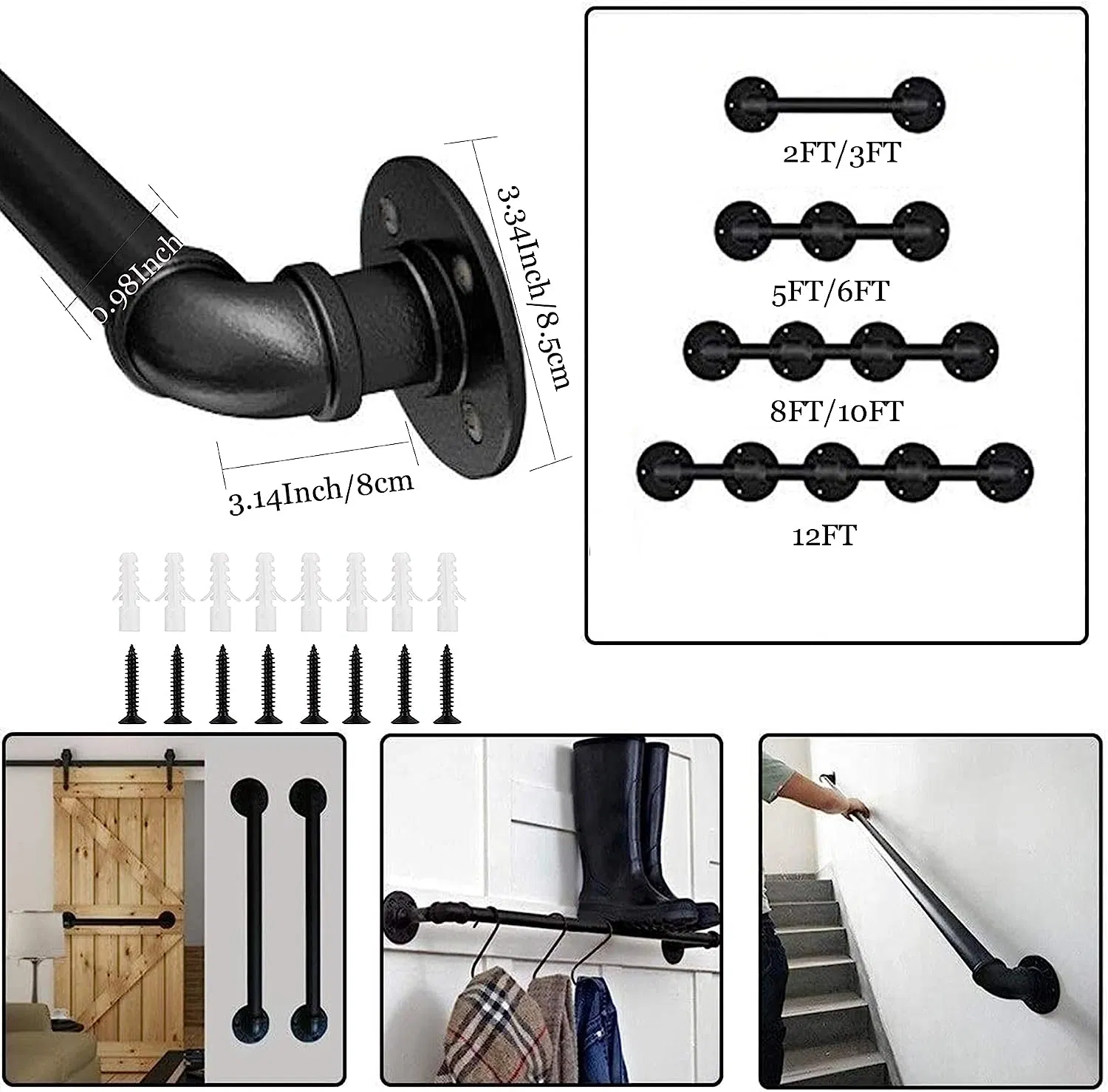5 FT Metal Staircase Handrail Black Galvanized Industrial Iron Hand Rail for Indoor Outdoor