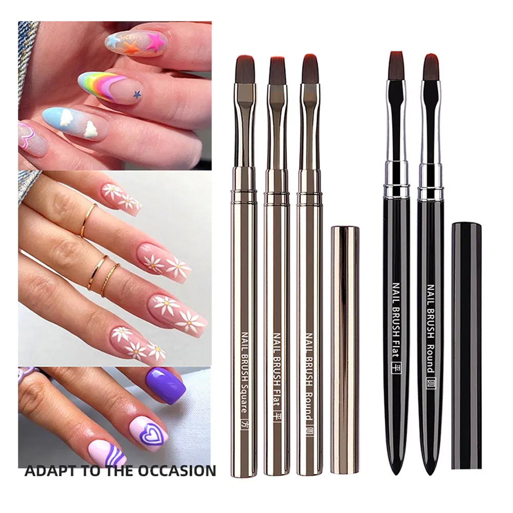 Flat 3D Painting Nail Art Brush Kolinsky Acrylic Metal Handle UV Gel Nails Brushes Polish Manicure Spatula Pen