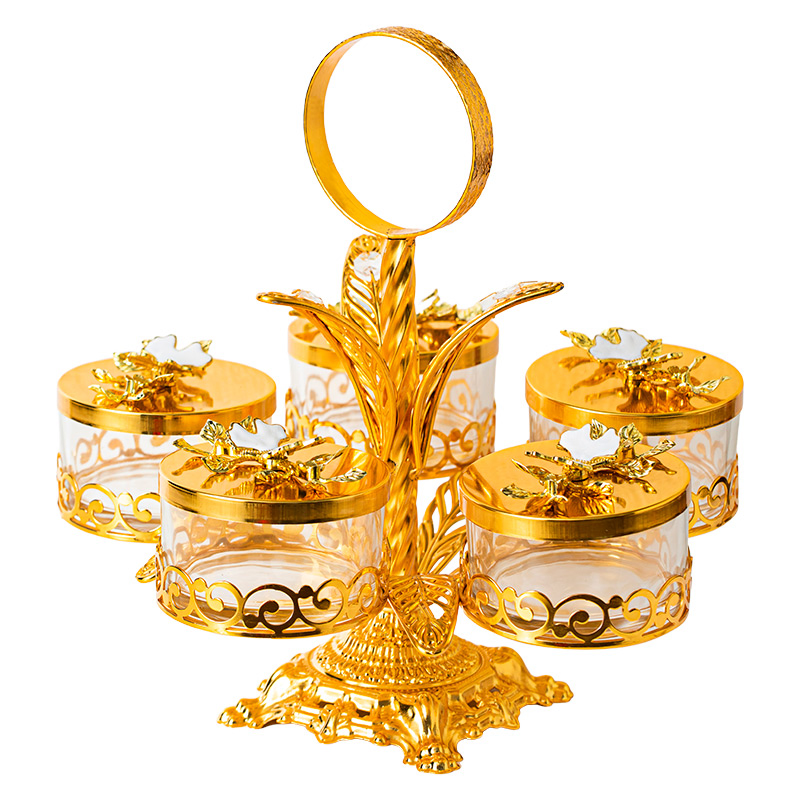 Home Decor Bowl Set, Includes 4 Glass Bowls and Gold-Plated Iron Stand Chocolate Jar