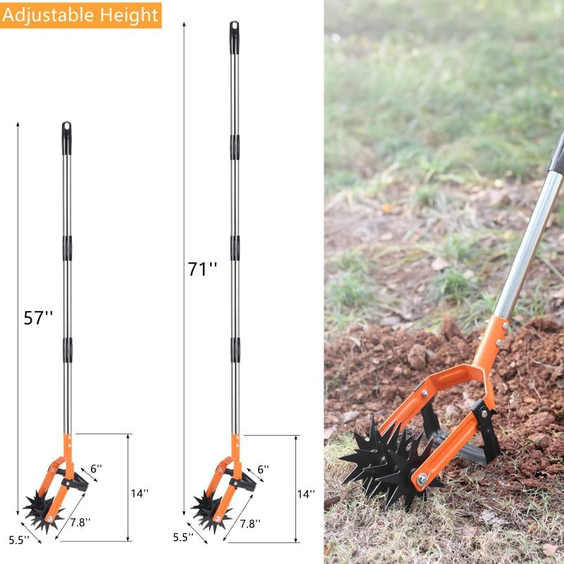 Voda Hand Rotary Cultivator Tool Adjustable Garden Hand Tiller Lawn Cultivator for Grass