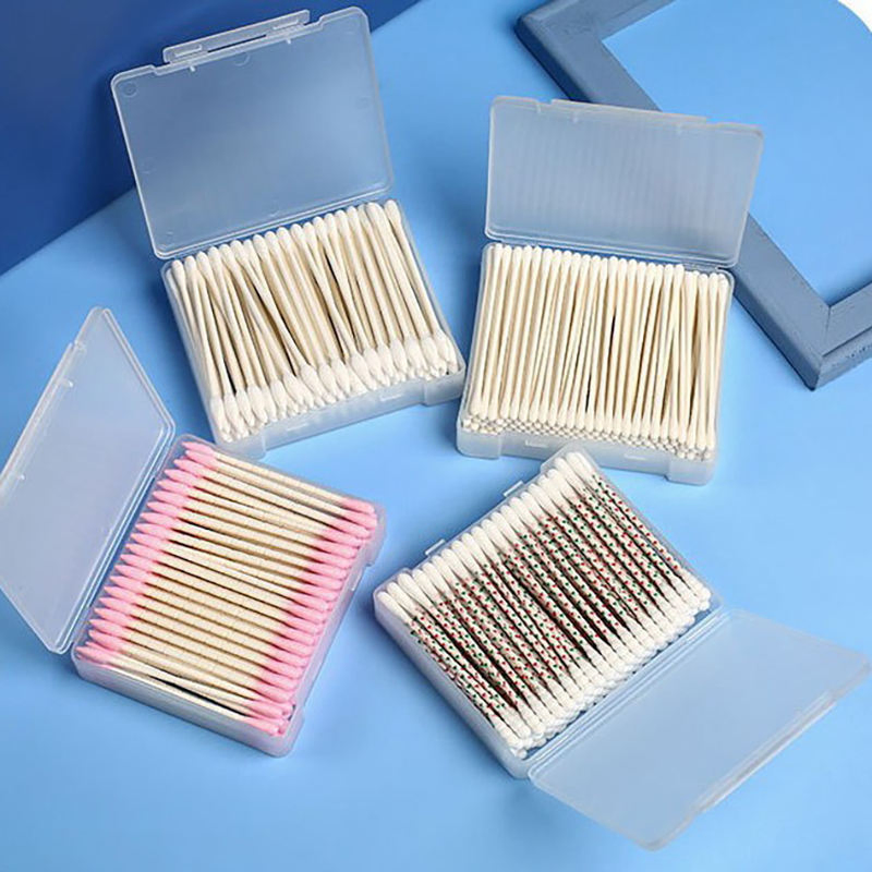 Double-Clasp Frosted Box Containing Double-Ended Cotton Swabs with Paper or Bamboo Sticks.