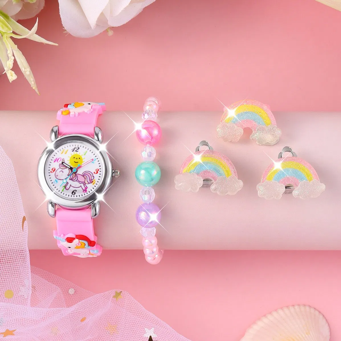 Unicorn Watch Cute Cartoon Pink Rainbow Accessories Set