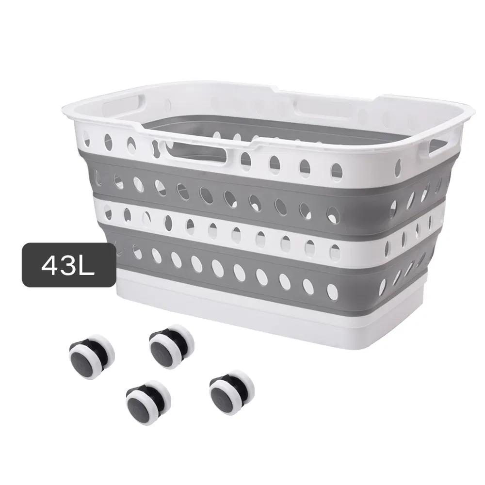 43L Gray Plastic Rectangle Storage Baskets for Toys Clothing and Laundry with Wheel Basket