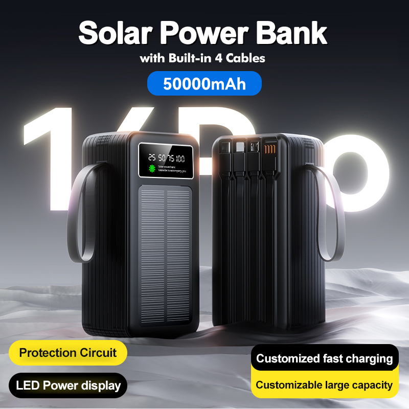 10000 20000 mAh 30000 40000 50000 60000 mAh Build in 4 Cables Power Bank with Solar Panel
