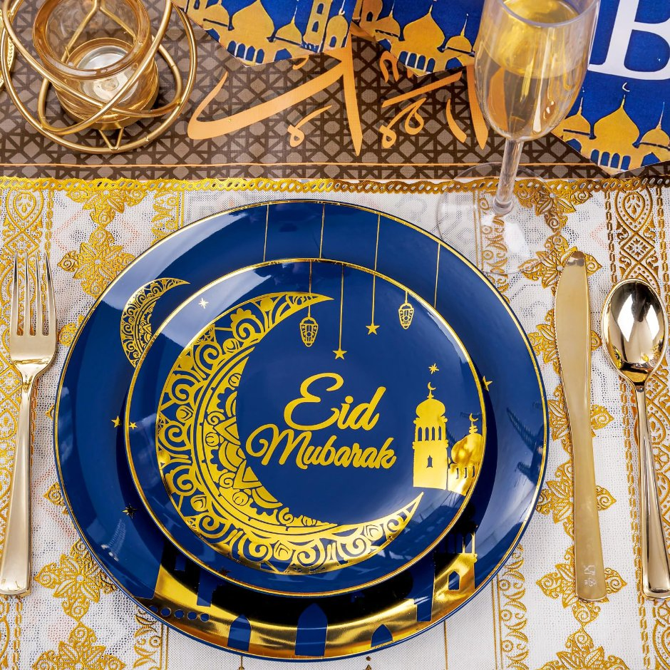 Nervure 125PCS Ramadan Plastic Plates - Eid Mubarak Plates - Blue Gold Plates Include 50PCS Plates 25PCS Spoons 25PCS Forks 25PCS Knives for Ramadan Mubarak Tab