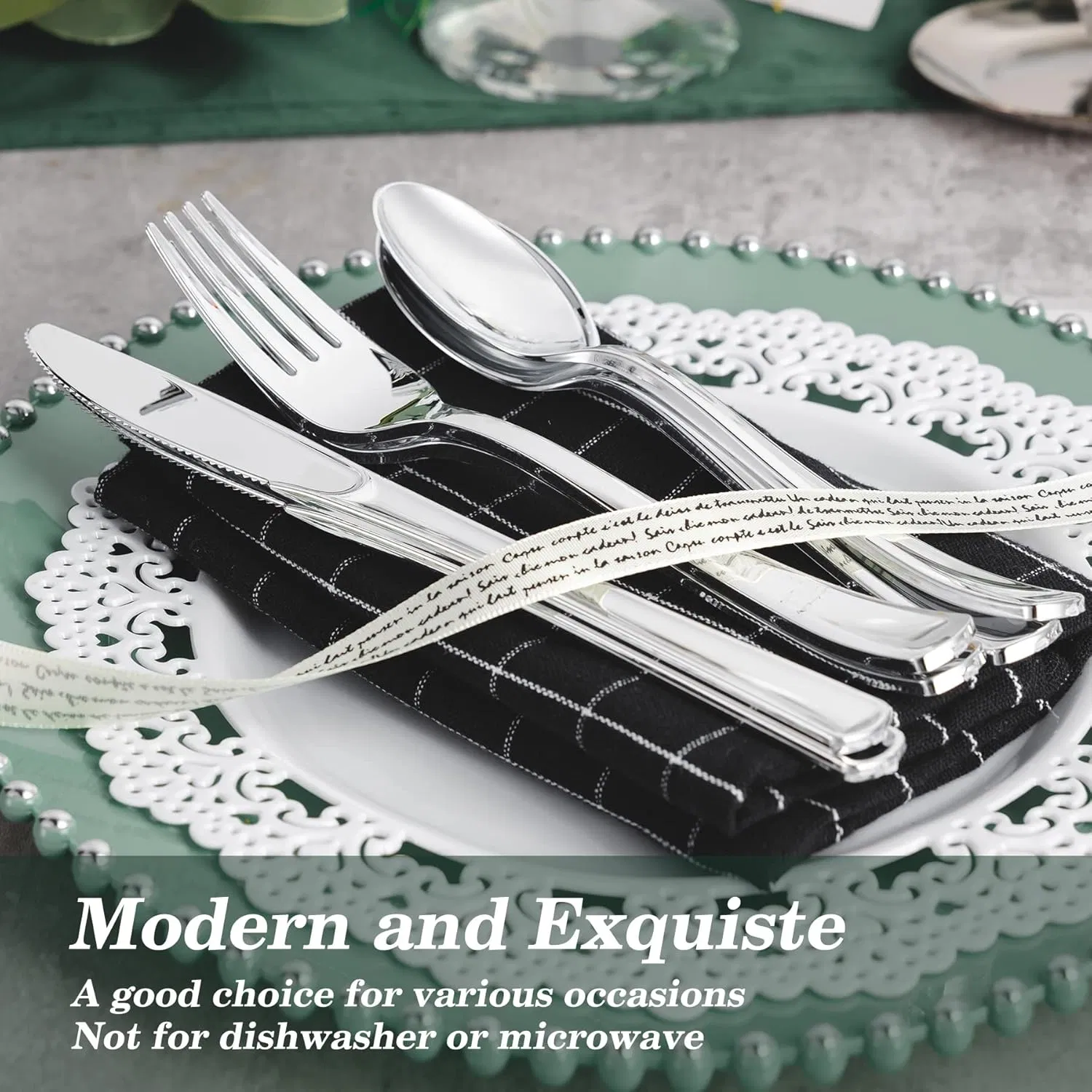 Silver Plastic Silverware Set, Disposable Cutlery Set Heavy Duty Flatware for Party, Weddings