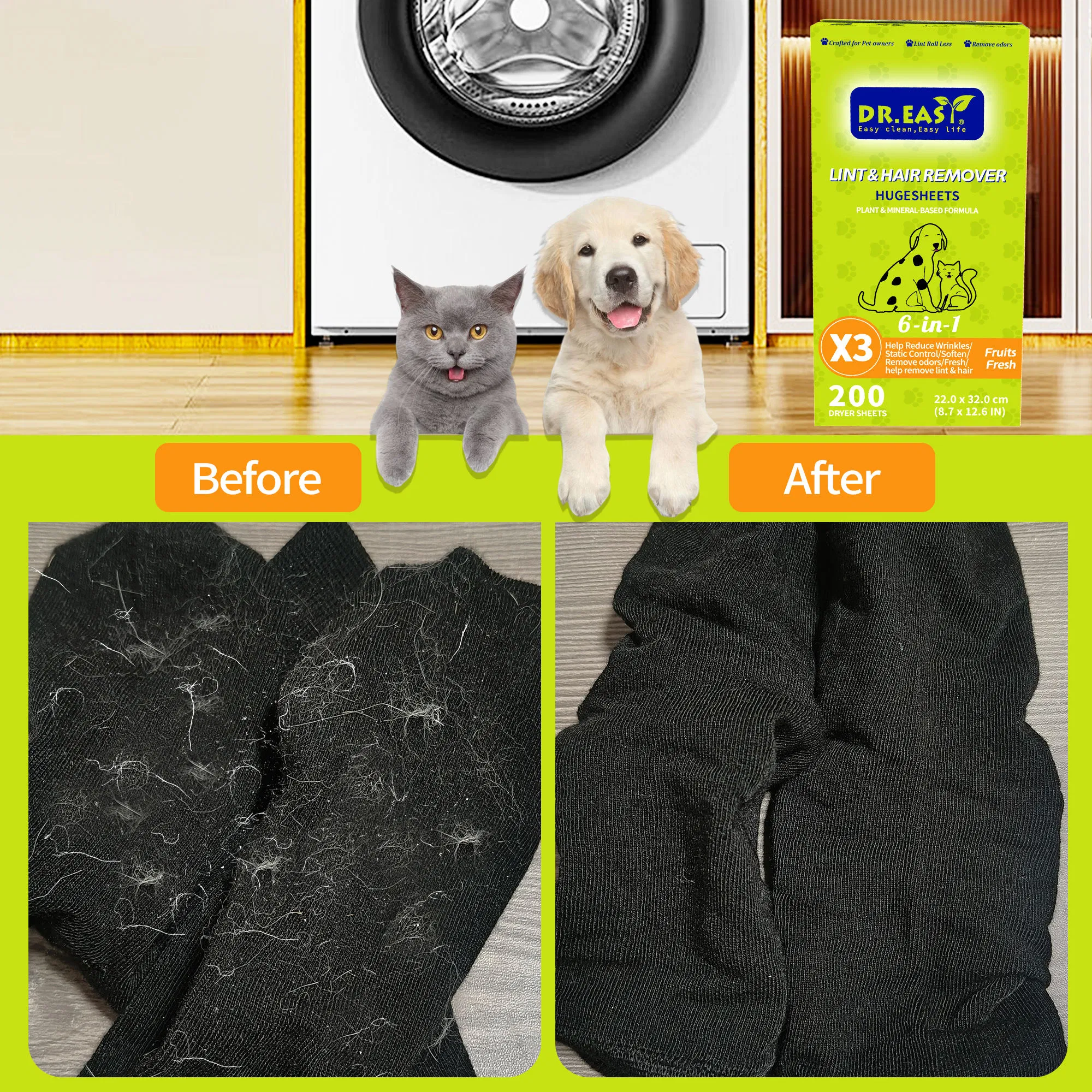 200PCS Eco-Friendly Pet Hair Removal Sheet Fabric Softener Dryer Sheet