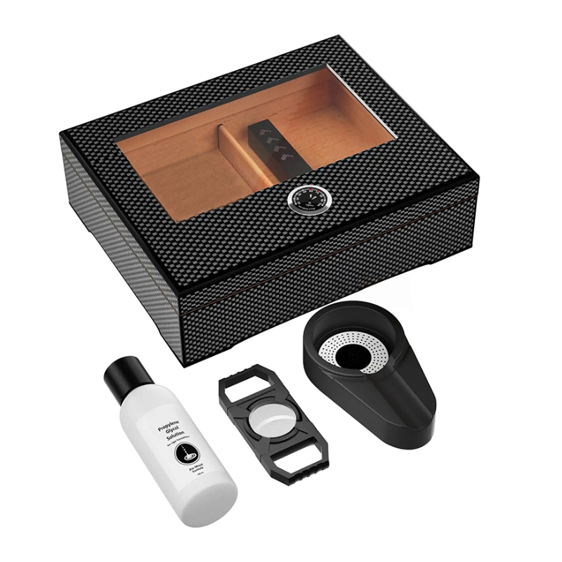 Glass Top Carbon Fiber Texture Top Cigar Humidor with Cigar Accessories