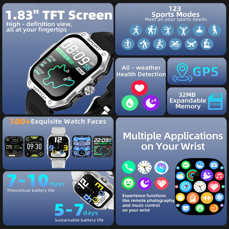 IP68 Waterproof Sport Modes GPS Bt Call TFT Screen Health Monitoring Sports Smart Watch