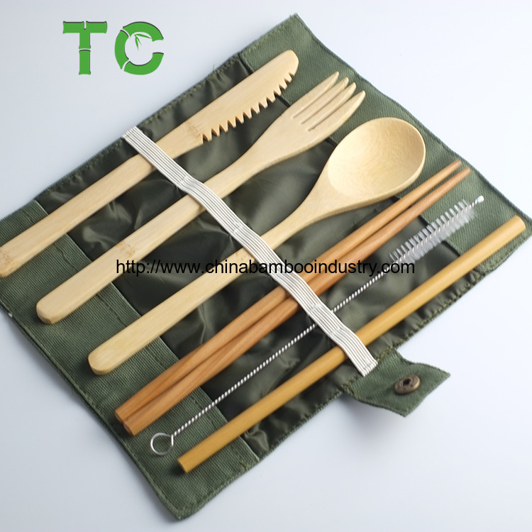 Unique Tableware Eco Friendly Bamboo Cutlery Sets Drinking Straw Knife Fork Spoon