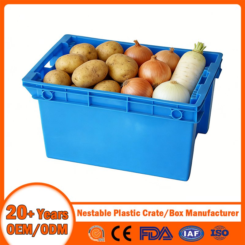 China Plastic Crate Manufacturer Stackable Tote Folding Nestable Storage Mesh Crate for Logistic/Moving/Turnover/Agriculture/Seafood/Vegetable/Fruit/Bread/Lobst