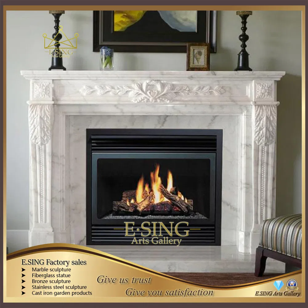 Decorative Hand Carved Fashion Indoor White Natural Stone Metal Marble Fireplace