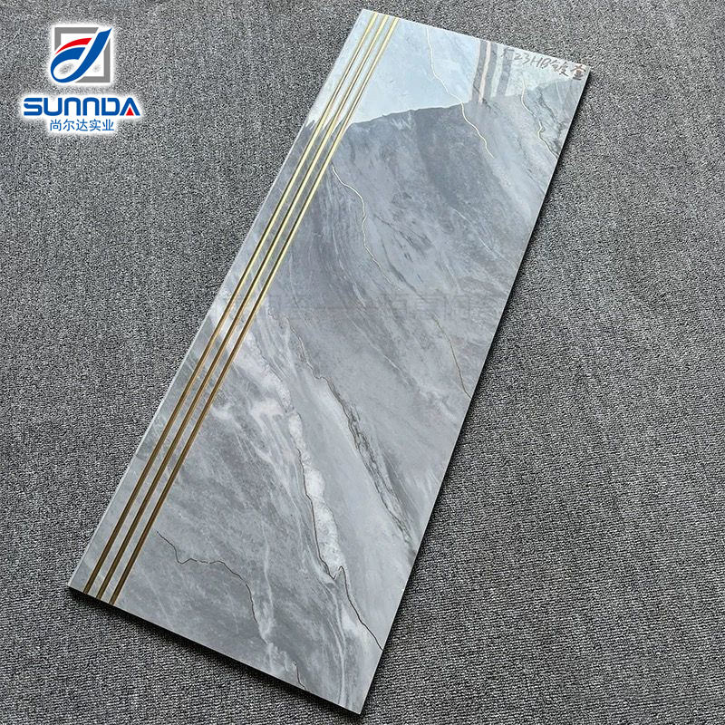 New Trend Plated Gold Glossy Shinny Surface Landing Groove Lines Anti Slippery Staircase Step Porcelain Floor Tiles for Hotel House Villa