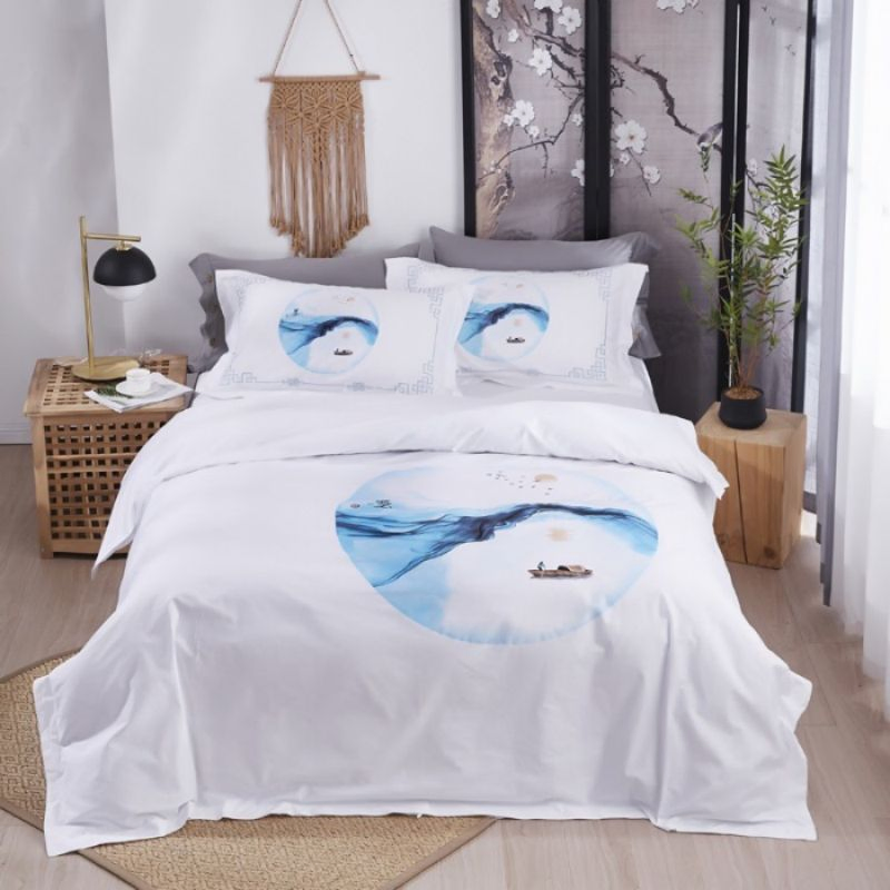 High Grade Hotel Textile Bedding Supplies 60s Cotton Satin Floral Plant Jet Printing Duvet Quilt Comforter Cover Guesthouse Bed Sheets ODM/OEM White Bedding Set