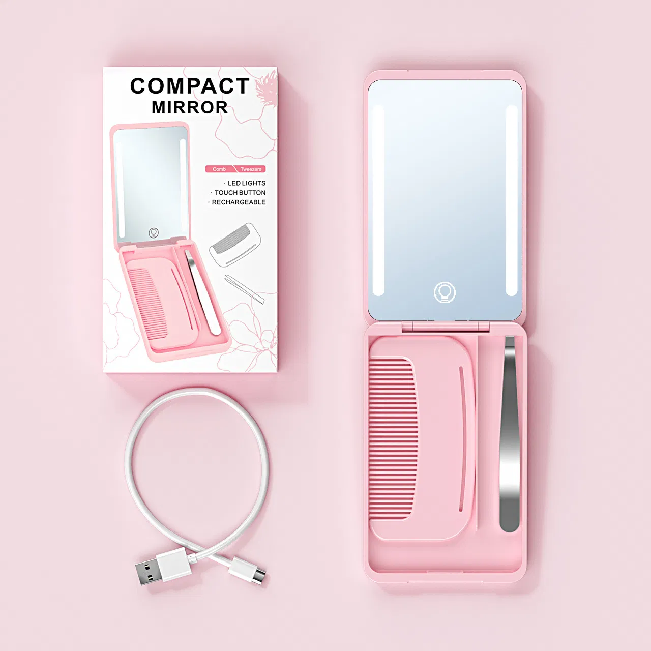 Custom Makeup Box Travel Organizer Makeup with LED Light Mirror Folding Mirror Fashion Mirror Comb Set